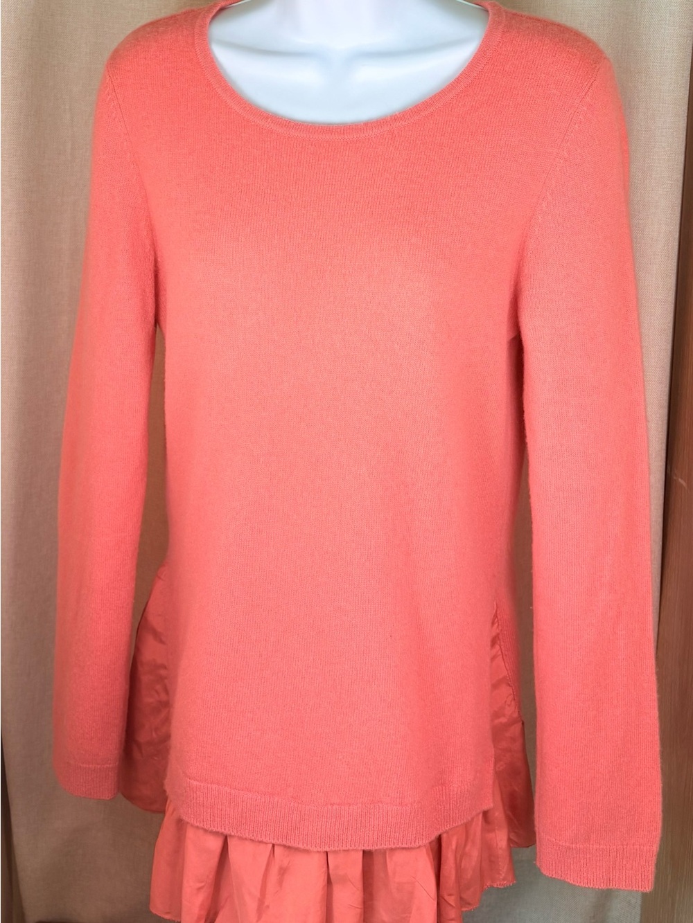 🍊 Garnet Hill XS 100% Cashmere Pink Grapefruit Ruffle Hem Sweater